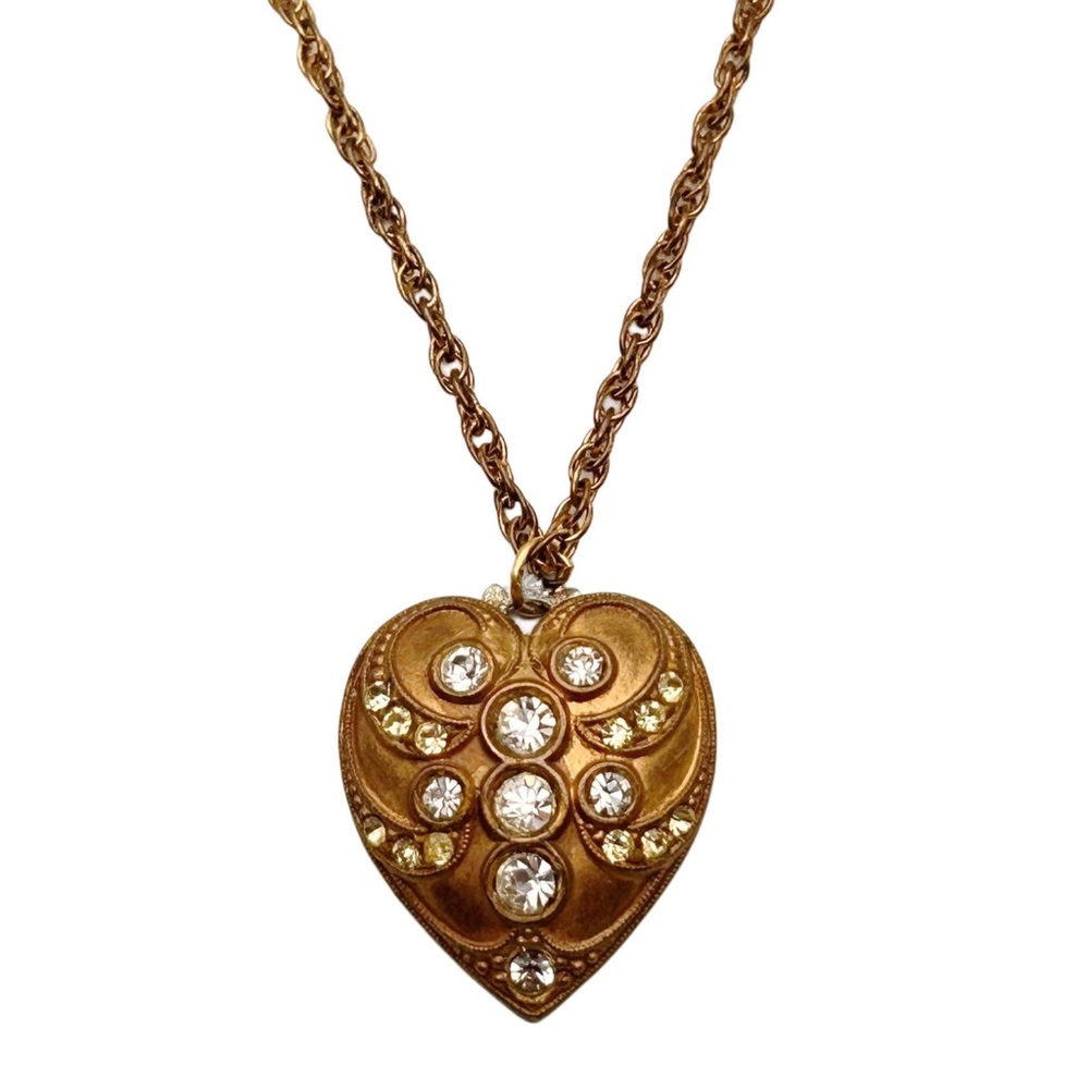 Vintage Bronze Tone Victorian Style Crystal Rhinestone Inlay Heart Pendant